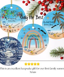 round hanging ornaments showing 4 variations commemorating a family's first summer Xmas holiday