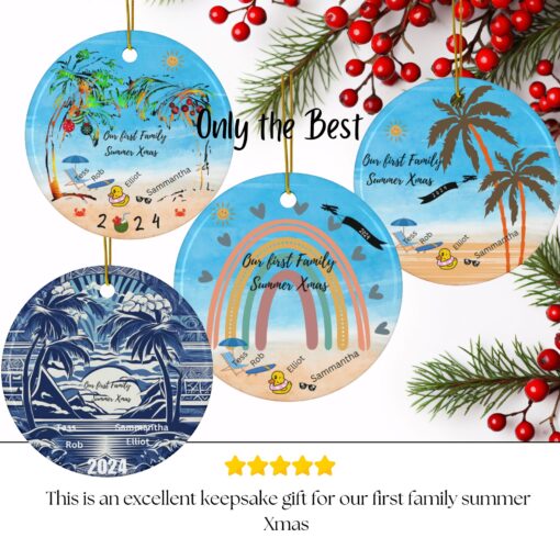 round hanging ornaments showing 4 variations commemorating a family's first summer Xmas holiday