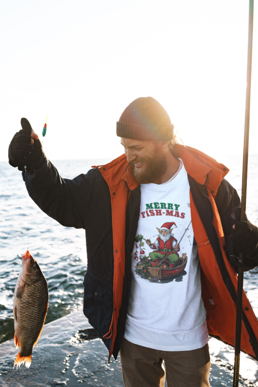 sweatshirt showing a man catching a fish