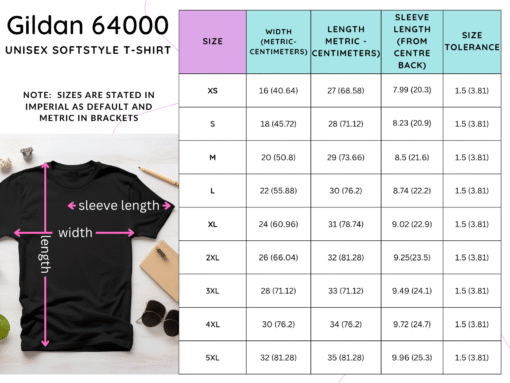 A size chart for a Gildan 64000 t-shirt