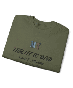 A folded green t-shirt with a text design on the front
