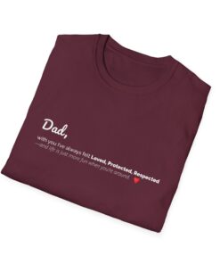 a maroon red t-shirt with a dad text design on the front