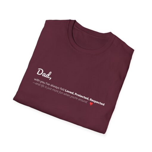 a maroon red t-shirt with a dad text design on the front
