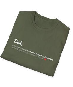 An army green t-shirt with a dad text design on the front