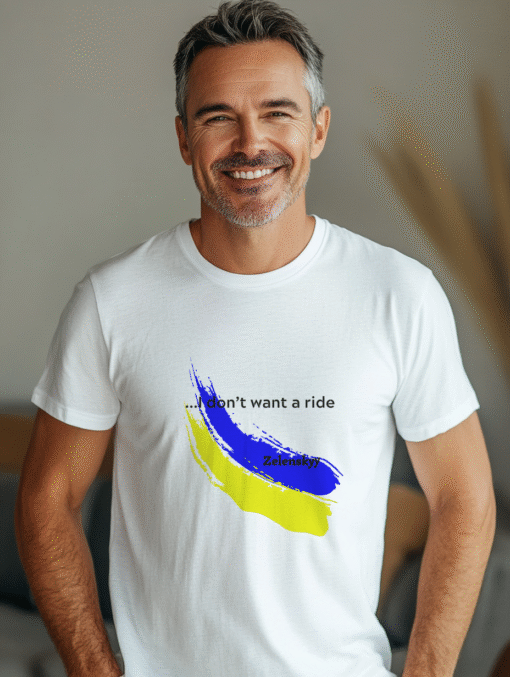A smiling man wearing a white t-shirt with a blue and white brush stroke design on the front
